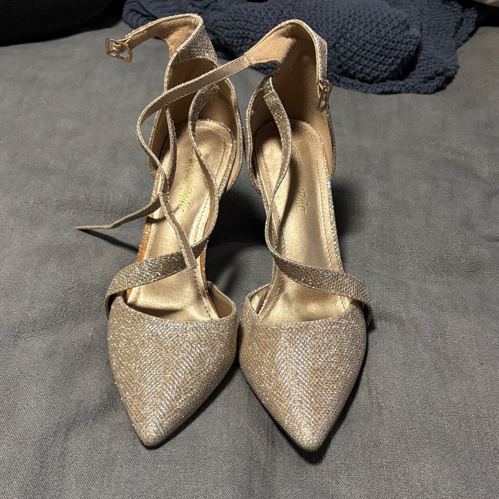 Dream Pairs Sparkling Pointed-Toe Ankle-Strap Heels in Gold